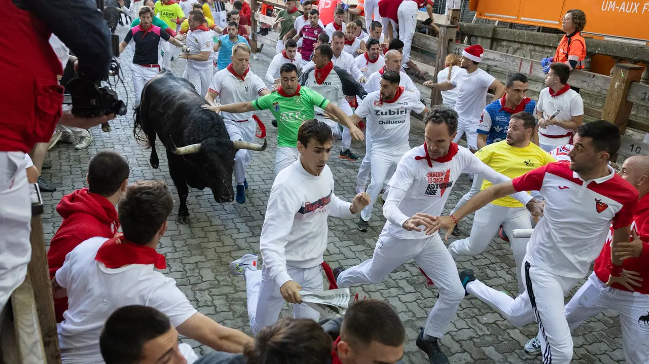 Séptimo encierro de San Fermín con toros de la Palmosilla en bajada callejón.Maite H. Mateo..-12