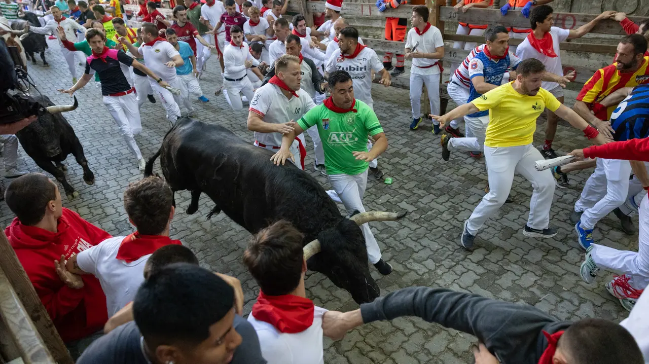 Séptimo encierro de San Fermín con toros de la Palmosilla en bajada callejón.Maite H. Mateo..-15