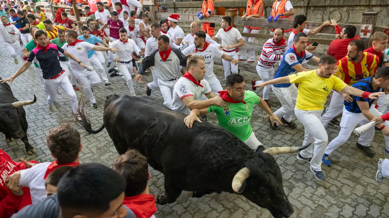 Séptimo encierro de San Fermín con toros de la Palmosilla en bajada callejón.Maite H. Mateo..-16