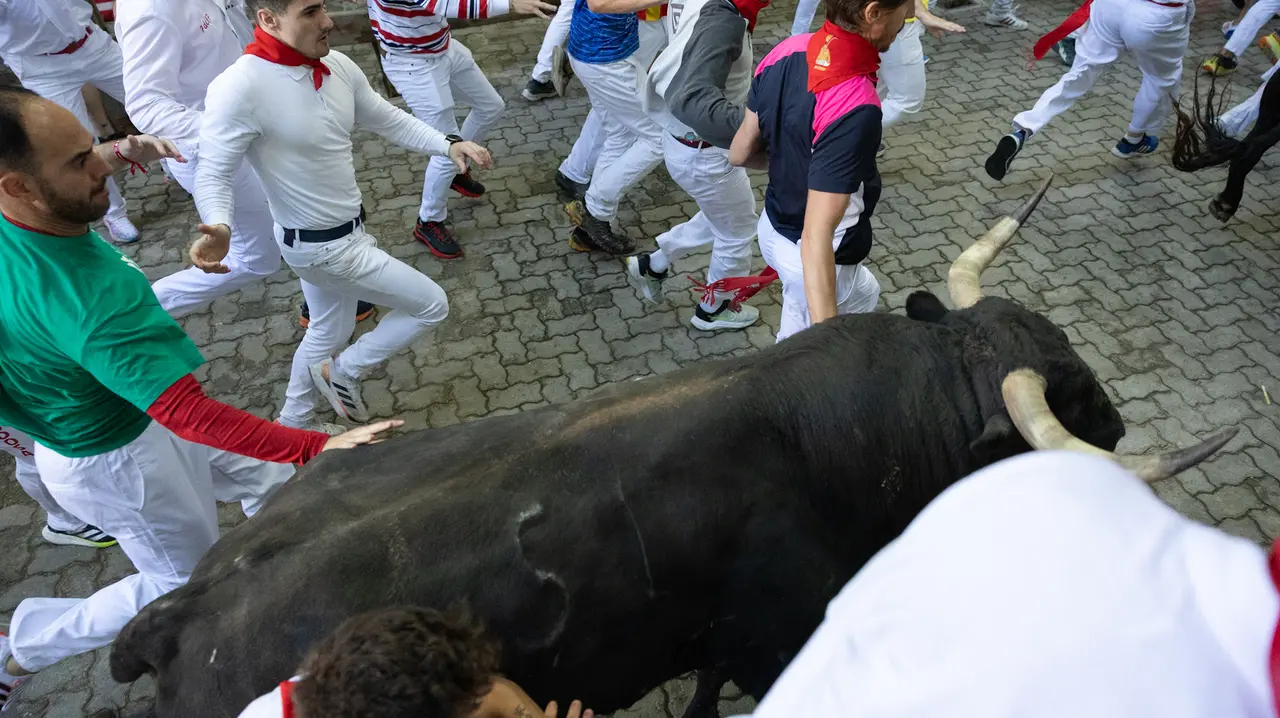 Séptimo encierro de San Fermín con toros de la Palmosilla en bajada callejón.Maite H. Mateo..-19