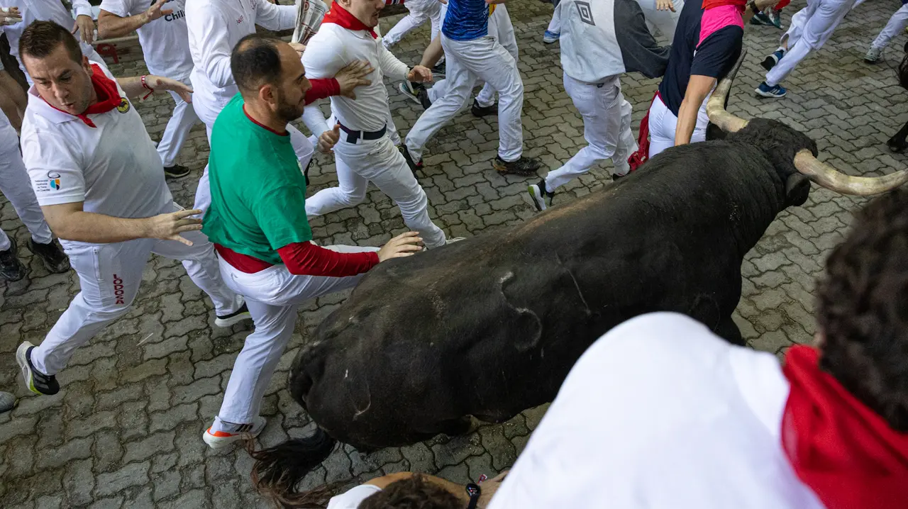 Séptimo encierro de San Fermín con toros de la Palmosilla en bajada callejón.Maite H. Mateo..-20