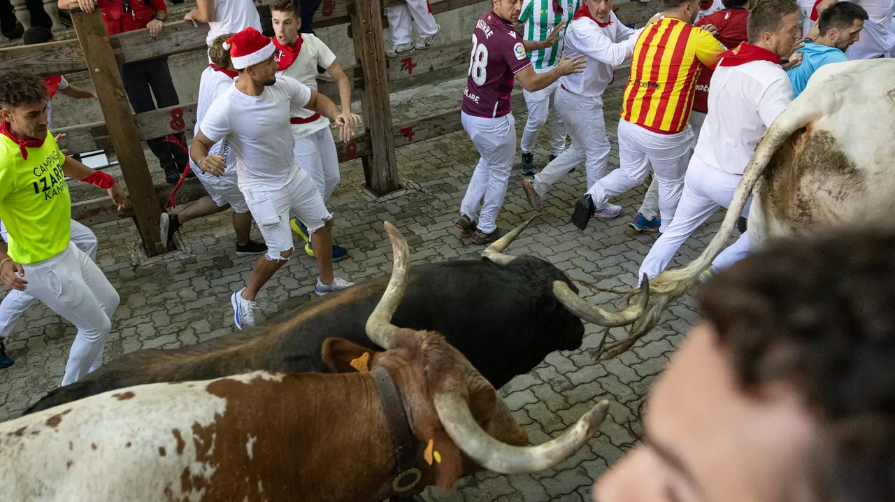 Séptimo encierro de San Fermín con toros de la Palmosilla en bajada callejón.Maite H. Mateo..-23