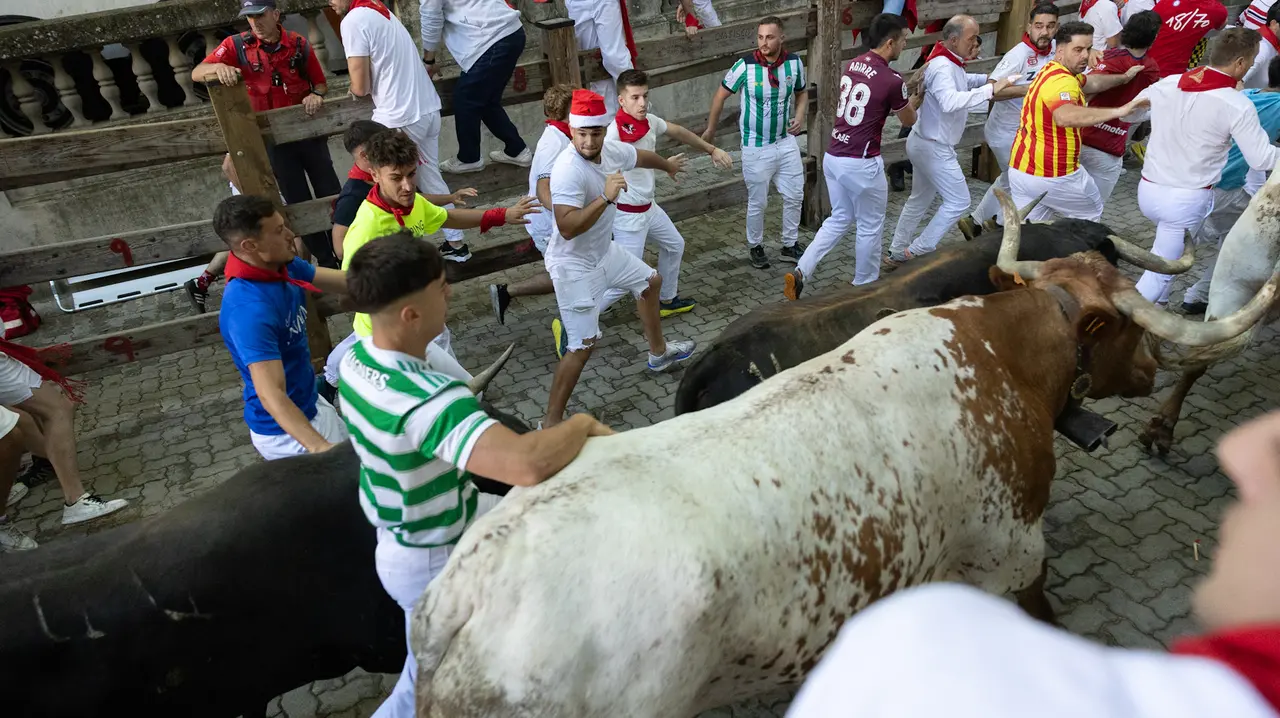 Séptimo encierro de San Fermín con toros de la Palmosilla en bajada callejón.Maite H. Mateo..-24