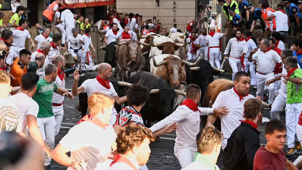 Séptimo encierro de San Fermín 2025 con toros de La Palmosilla en el Ayuntamiento. PABLO LASAOSA
