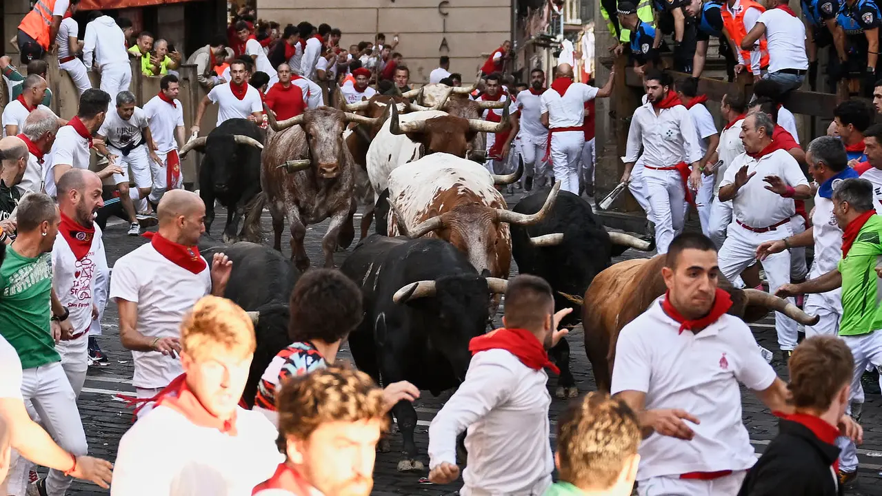 Séptimo encierro de San Fermín 2025 con toros de La Palmosilla en el Ayuntamiento. PABLO LASAOSA