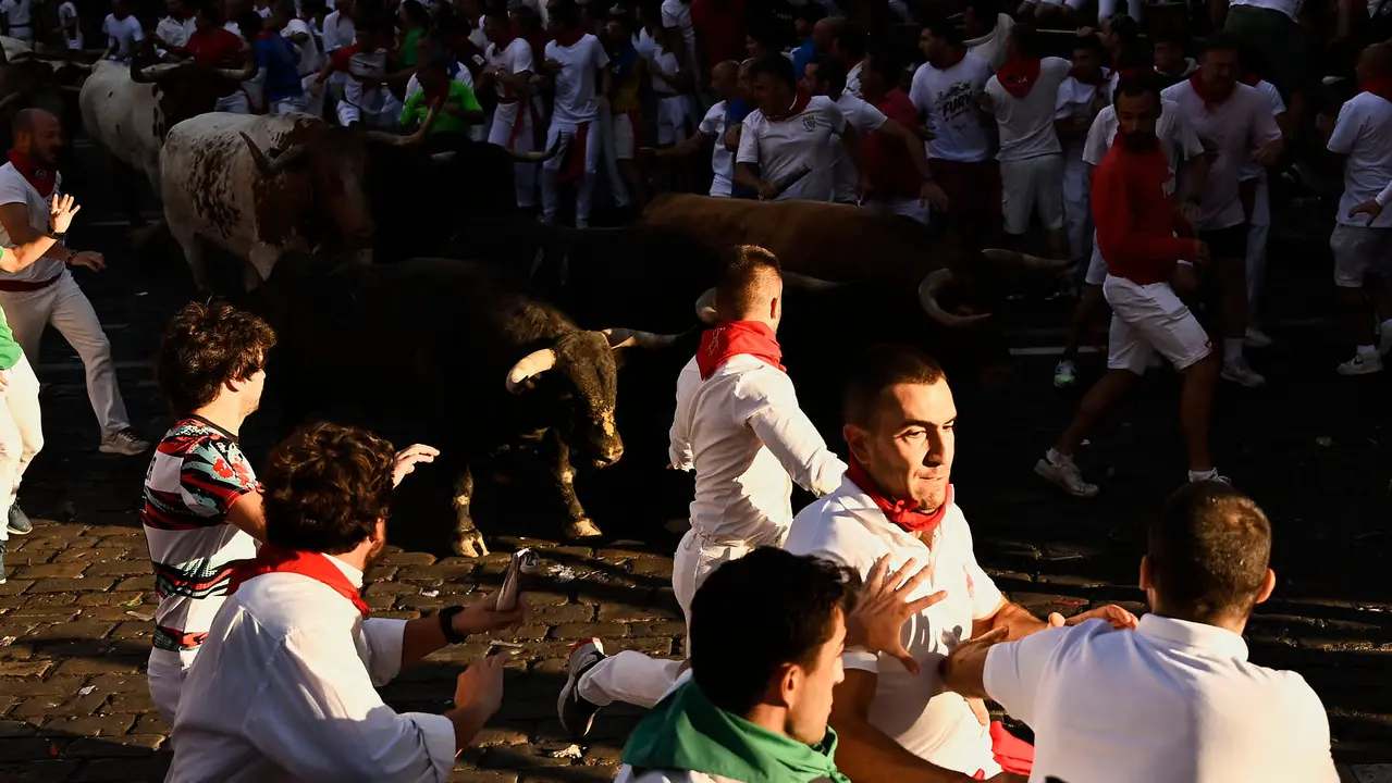 Séptimo encierro de San Fermín 2025 con toros de La Palmosilla en el Ayuntamiento. PABLO LASAOSA