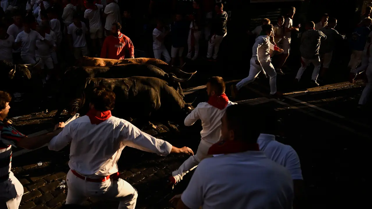 Séptimo encierro de San Fermín 2025 con toros de La Palmosilla en el Ayuntamiento. PABLO LASAOSA