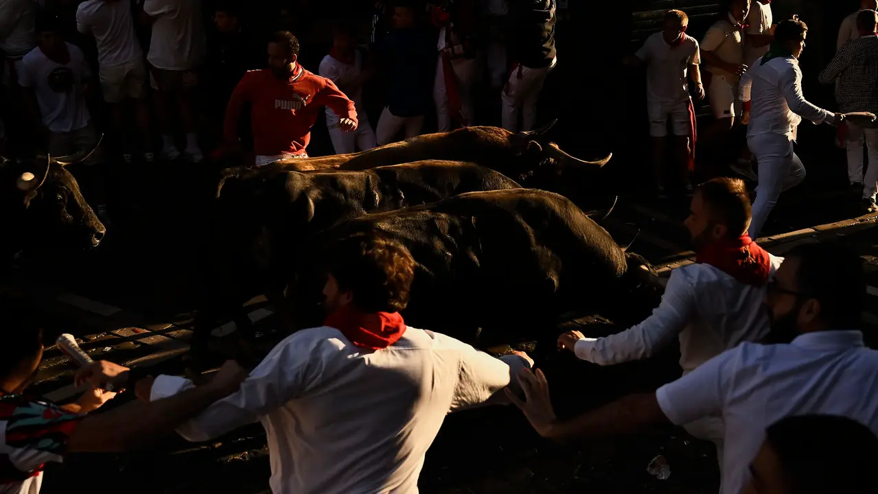Séptimo encierro de San Fermín 2025 con toros de La Palmosilla en el Ayuntamiento. PABLO LASAOSA