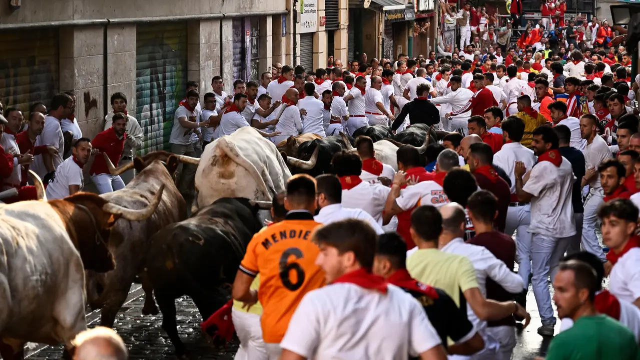 Séptimo encierro de San Fermín 2025 con toros de La Palmosilla en el Ayuntamiento. PABLO LASAOSA