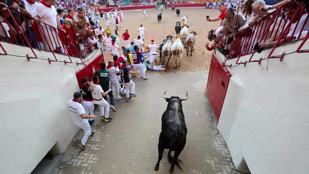 Séptimo encierro de San Fermín 2025 con toros de la ganadería de La Palmosilla en el tramo del callejón y la entrada a la Plaza de Toros. IÑIGO ALZUGARAY