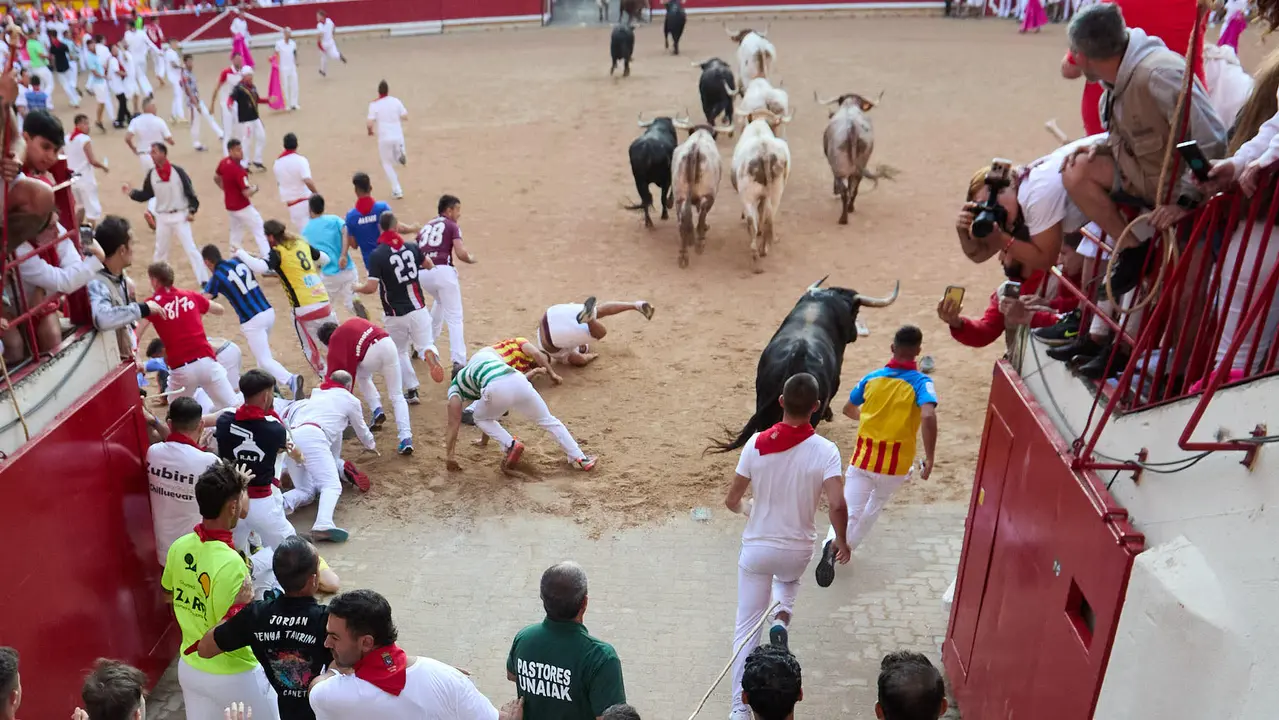 Séptimo encierro de San Fermín 2025 con toros de la ganadería de La Palmosilla en el tramo del callejón y la entrada a la Plaza de Toros. IÑIGO ALZUGARAY