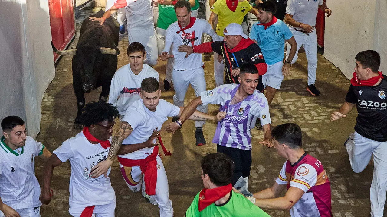 Séptimo encierro de San Fermín 2025 con toros de la ganadería de La Palmosilla en el tramo del callejón y la entrada a la Plaza de Toros. IÑIGO ALZUGARAY