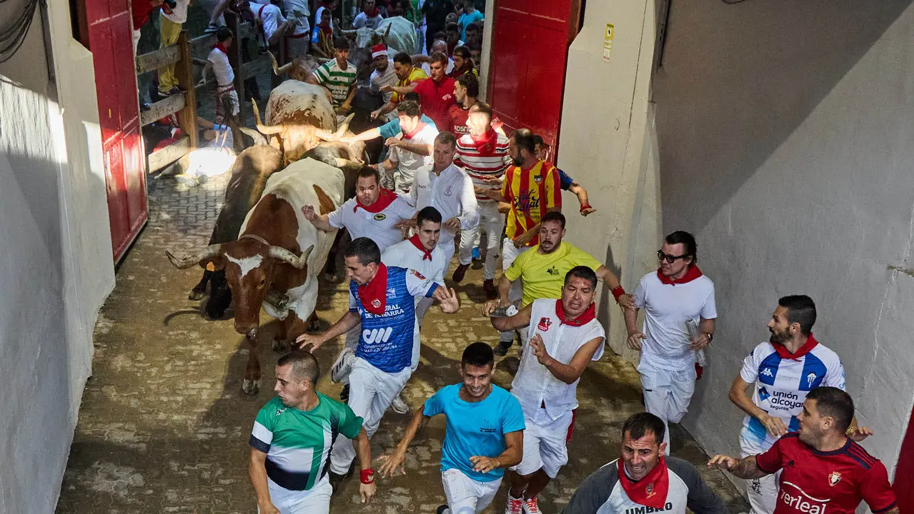 Séptimo encierro de San Fermín 2025 con toros de la ganadería de La Palmosilla en el tramo del callejón y la entrada a la Plaza de Toros. IÑIGO ALZUGARAY