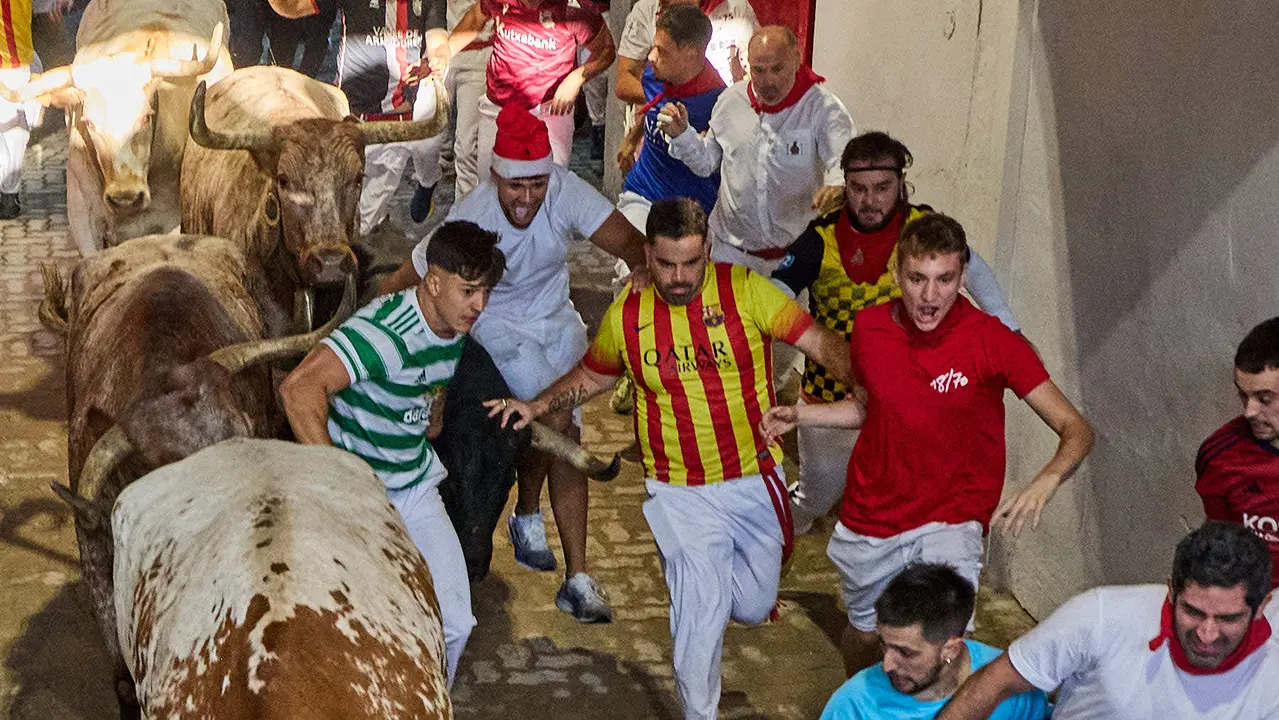 Séptimo encierro de San Fermín 2025 con toros de la ganadería de La Palmosilla en el tramo del callejón y la entrada a la Plaza de Toros. IÑIGO ALZUGARAY
