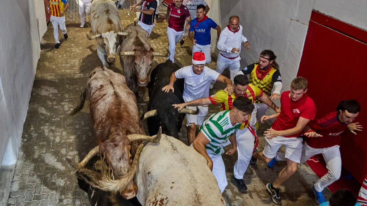 Séptimo encierro de San Fermín 2025 con toros de la ganadería de La Palmosilla en el tramo del callejón y la entrada a la Plaza de Toros. IÑIGO ALZUGARAY