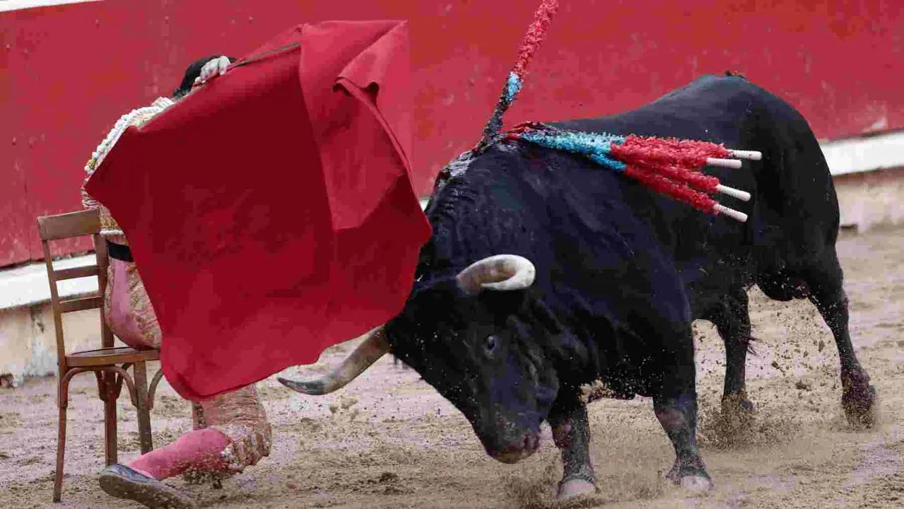 El torero Jiménez Fortes durante la lidia a su segundo toro de la tarde en la novena de abono de la Feria de Toro de los Sanfermines 2025 con toros de la ganadería gaditana La Palmosilla y en la que comparte cartel con los diestros Fernando Adrián y Ginés Marín. EFE/Jesús Diges