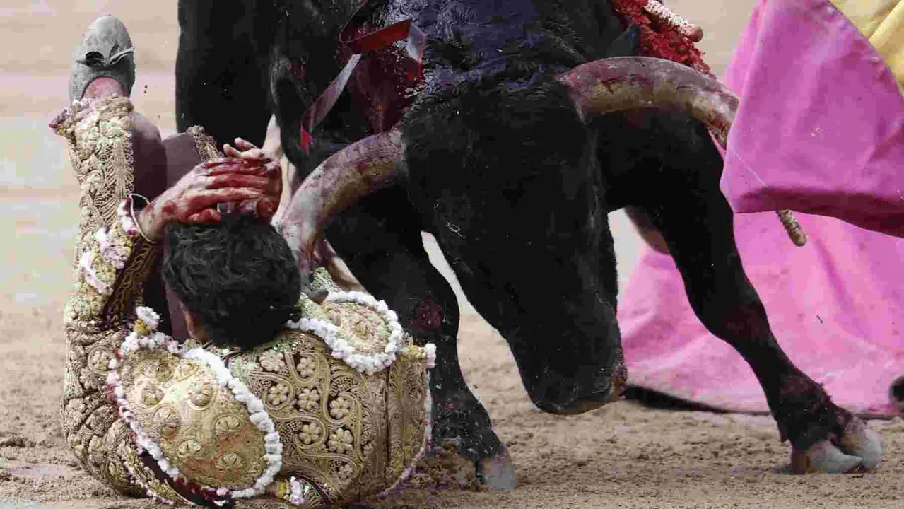 El torero Fernando Adrián sufre un revolcón durante la lidia a su segundo toro de la tarde en la novena de abono de la Feria de Toro de los Sanfermines 2025 con toros de la ganadería gaditana La Palmosilla y en la que comparte cartel con los diestros Jiménez Fortes y Ginés Marín. EFE/Jesús Diges