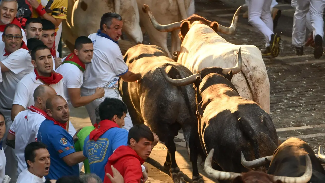 Octavo encierro de San Fermín 2025 el día 14 de julio con toros de Miura en la plaza del Ayuntamiento. EFE - JOSE LUIS LARRIÓN (2)
