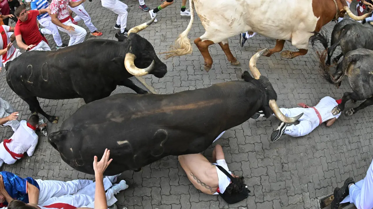 Séptimo encierro de San Fermín 2025 el día 13 de julio con toros de La Palmosilla en Telefónica. EFE - DANIEL FERNÁNDEZ (1)