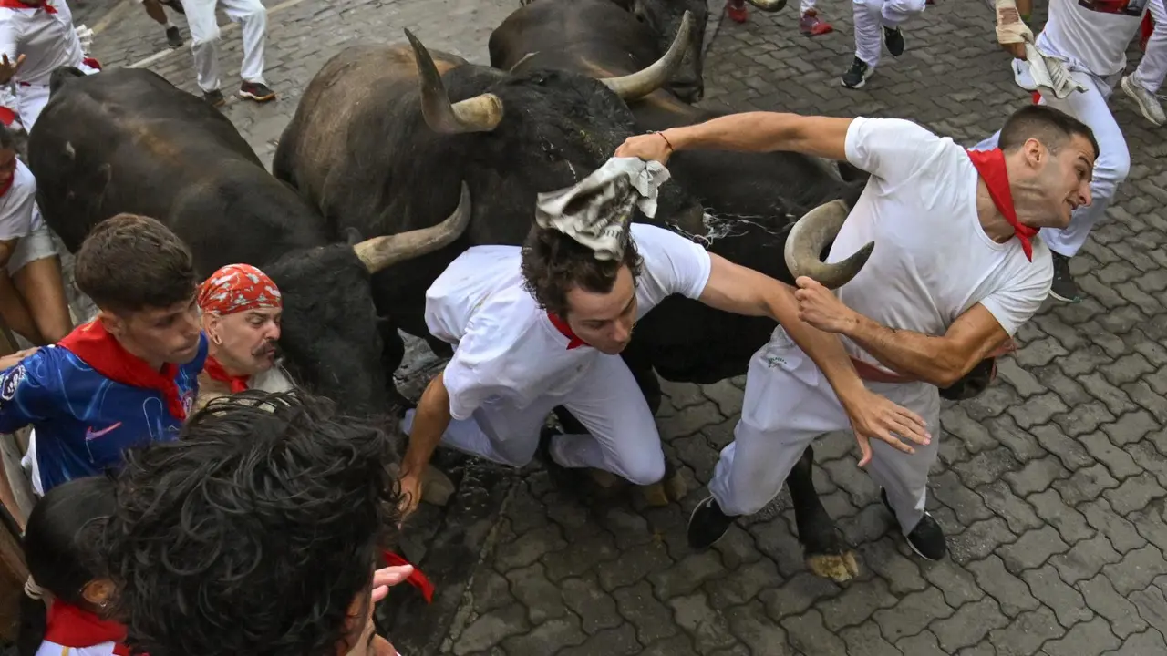 Séptimo encierro de San Fermín 2025 el día 13 de julio con toros de La Palmosilla en Telefónica. EFE - DANIEL FERNÁNDEZ (3)
