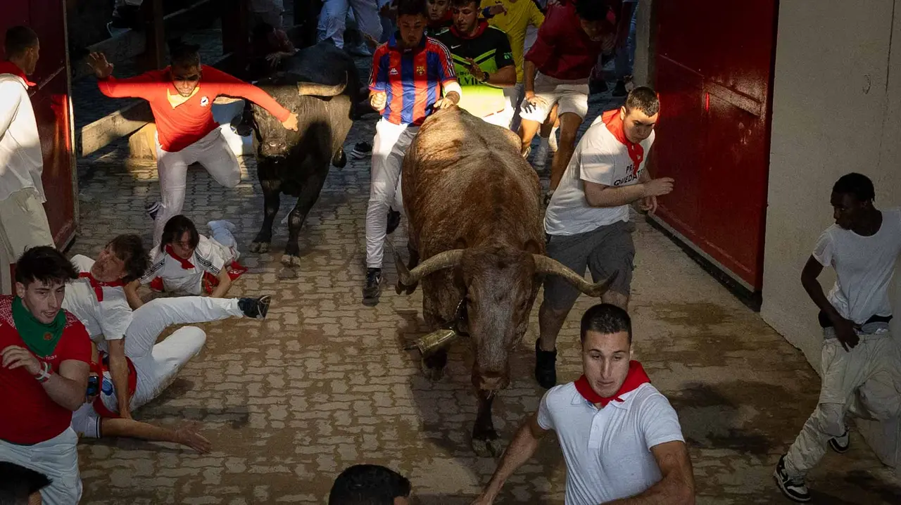 Octavo encierro de San Fermín con toros de Miura en callejón entrada plaza. Maite H. Mateo..-03