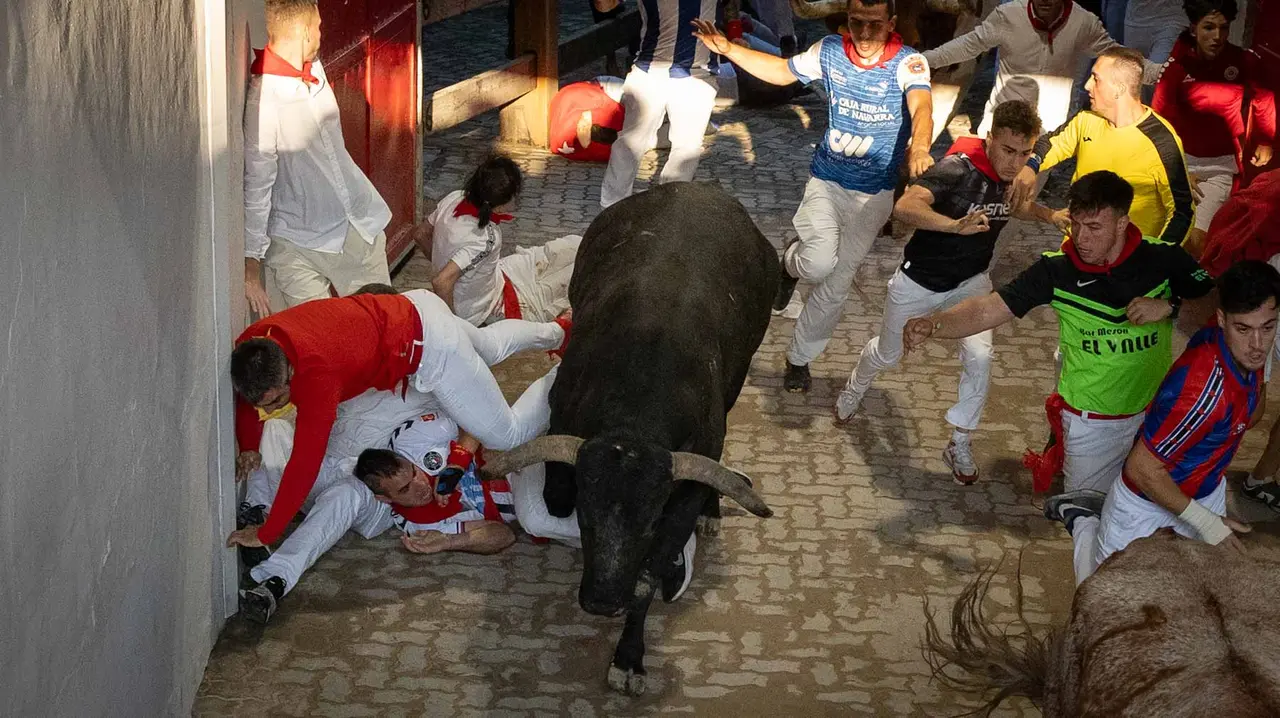 Octavo encierro de San Fermín con toros de Miura en callejón entrada plaza. Maite H. Mateo..-06