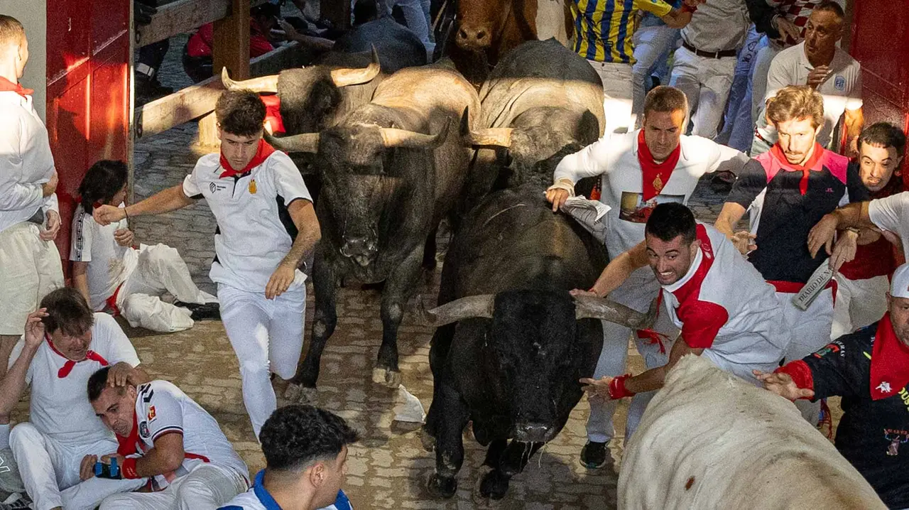 Octavo encierro de San Fermín con toros de Miura en callejón entrada plaza. Maite H. Mateo..-11