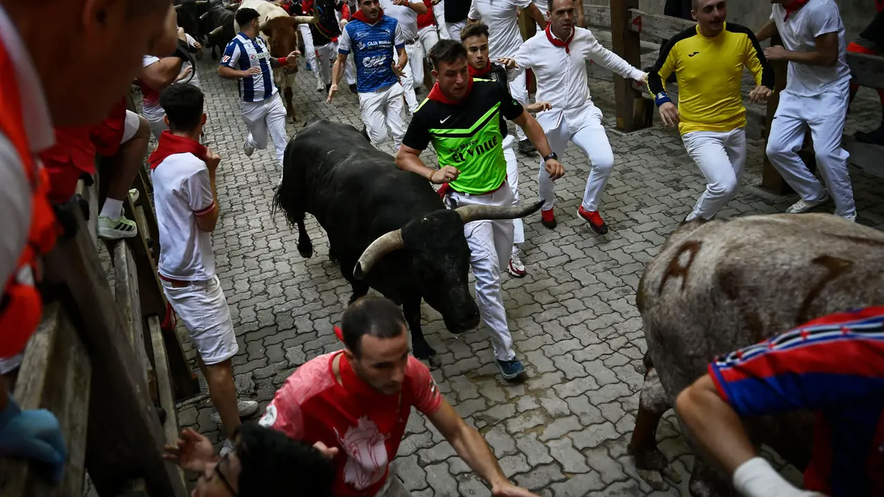 Octavo y último encierro de San Fermín 2025 con toros de Miura en la bajada al callejón. PABLO LASAOSA