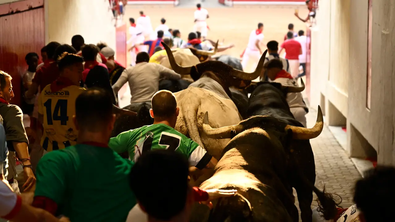 Octavo y último encierro de San Fermín 2025 con toros de Miura en la bajada al callejón. PABLO LASAOSA