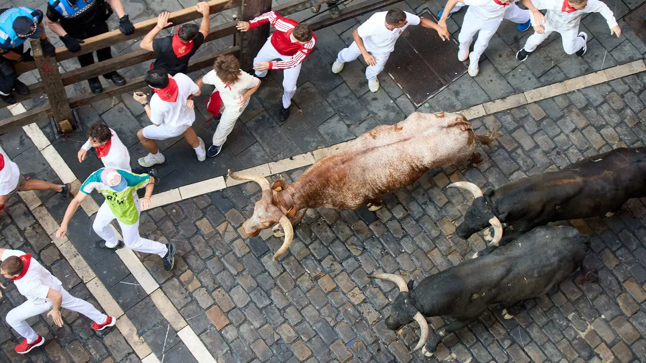 Octavo y último encierro de San Fermín 2025 con toros de la ganadería de Miura en el tramo de Mercaderes. IÑIGO ALZUGARAY