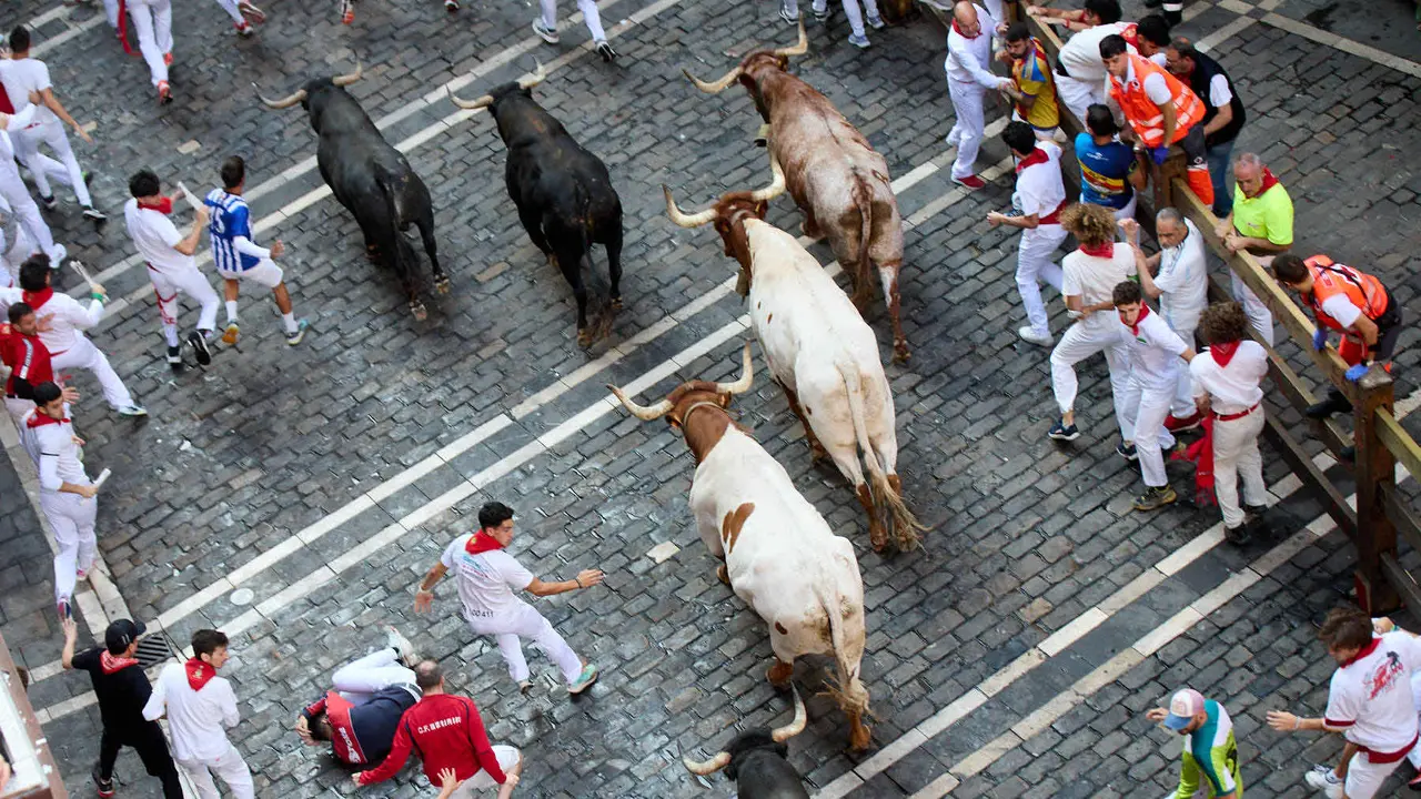 Octavo y último encierro de San Fermín 2025 con toros de la ganadería de Miura en el tramo de Mercaderes. IÑIGO ALZUGARAY