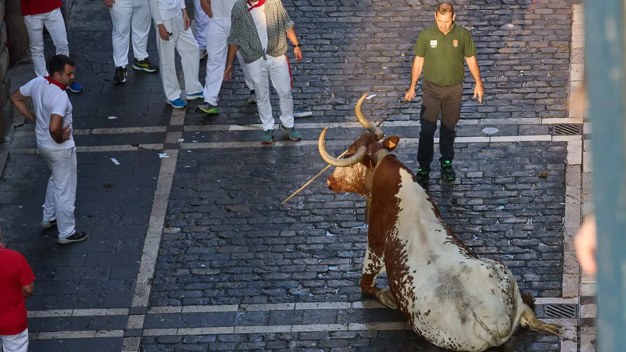 Octavo y último encierro de San Fermín 2025 con toros de la ganadería de Miura en el tramo de Mercaderes. IÑIGO ALZUGARAY