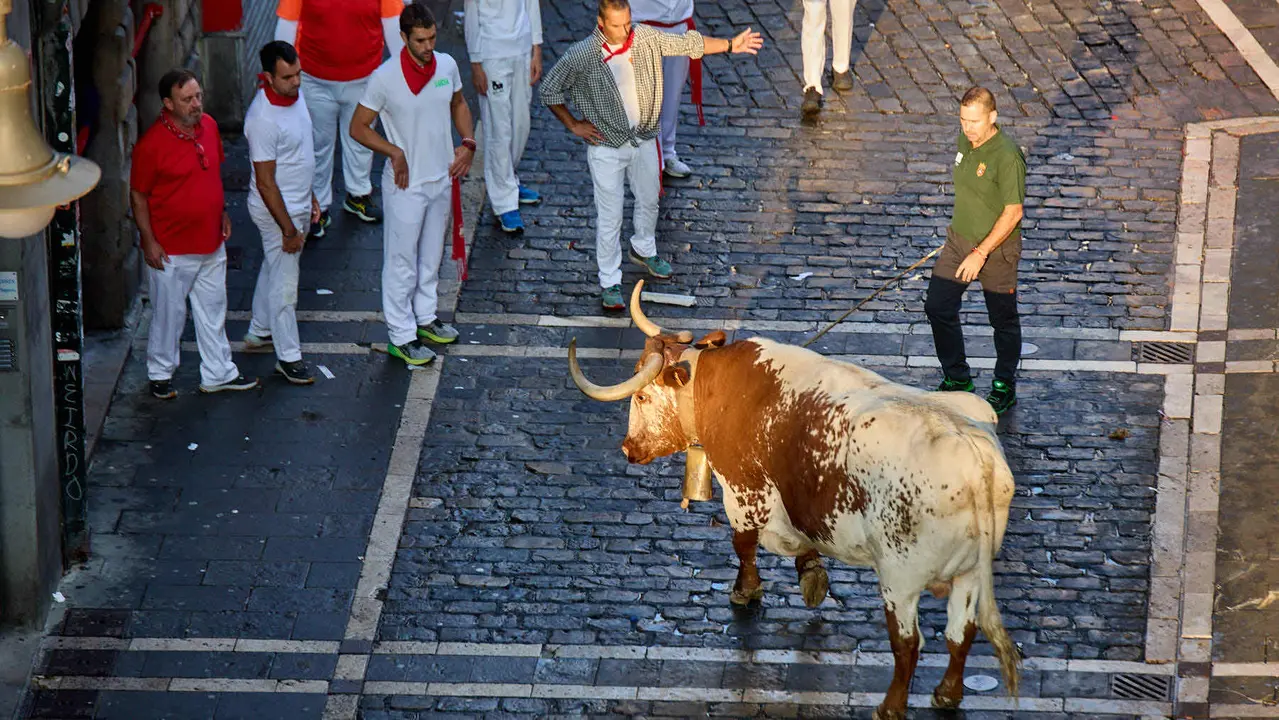 Octavo y último encierro de San Fermín 2025 con toros de la ganadería de Miura en el tramo de Mercaderes. IÑIGO ALZUGARAY