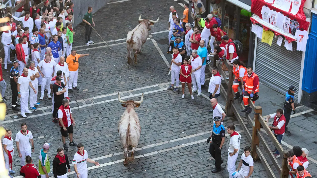 Octavo y último encierro de San Fermín 2025 con toros de la ganadería de Miura en el tramo de Mercaderes. IÑIGO ALZUGARAY