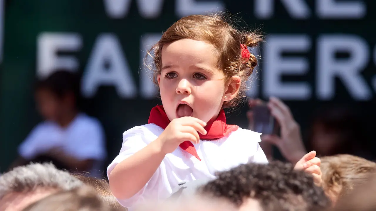 Despedida de la Comparsa de Gigantes y Cabezudos en la plaza del Ayuntamiento de Pamplona en el último día de las fiestas de San Fermín 2025. IÑIGO ALZUGARAY