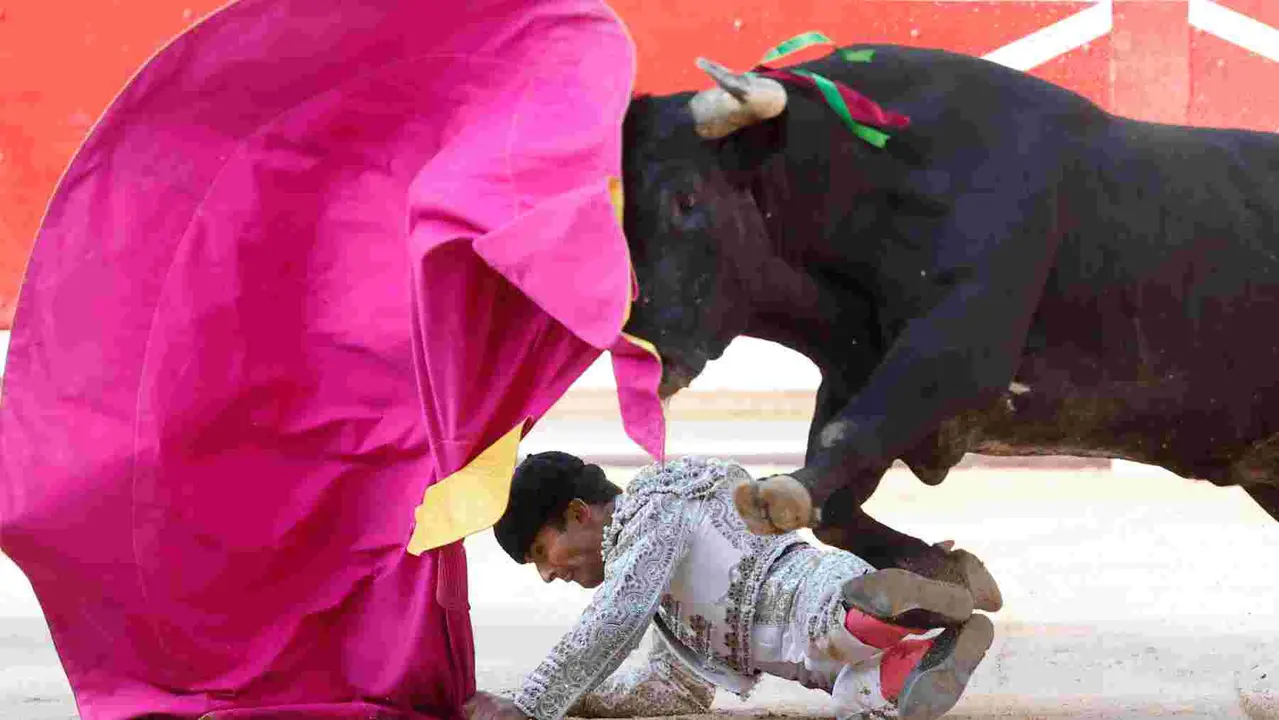 El torero Damián Castaño durante la lidia a su primer toro de la tarde en la décima de abono de la Feria de Toro de los Sanfermines 2025 con toros de la ganadería gaditana Miura y en la que comparte cartel con los diestros Manuel Escribano y Jesús Enrique Colombo. EFE/Jesús Diges