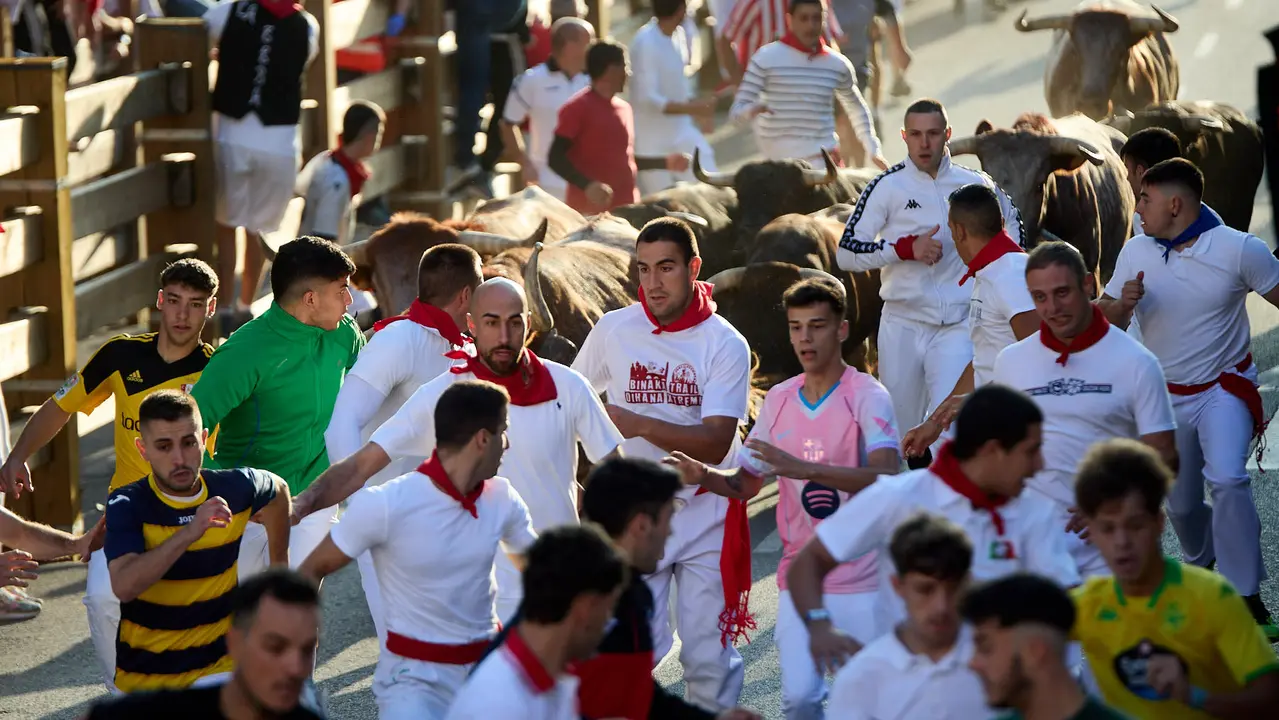 Segundo encierro de fiestas de Tudela 2025 con toros de la ganadería de Herederos de Gregorio Garzón Valdenebro (Jaén). IÑIGO ALZUGARAY