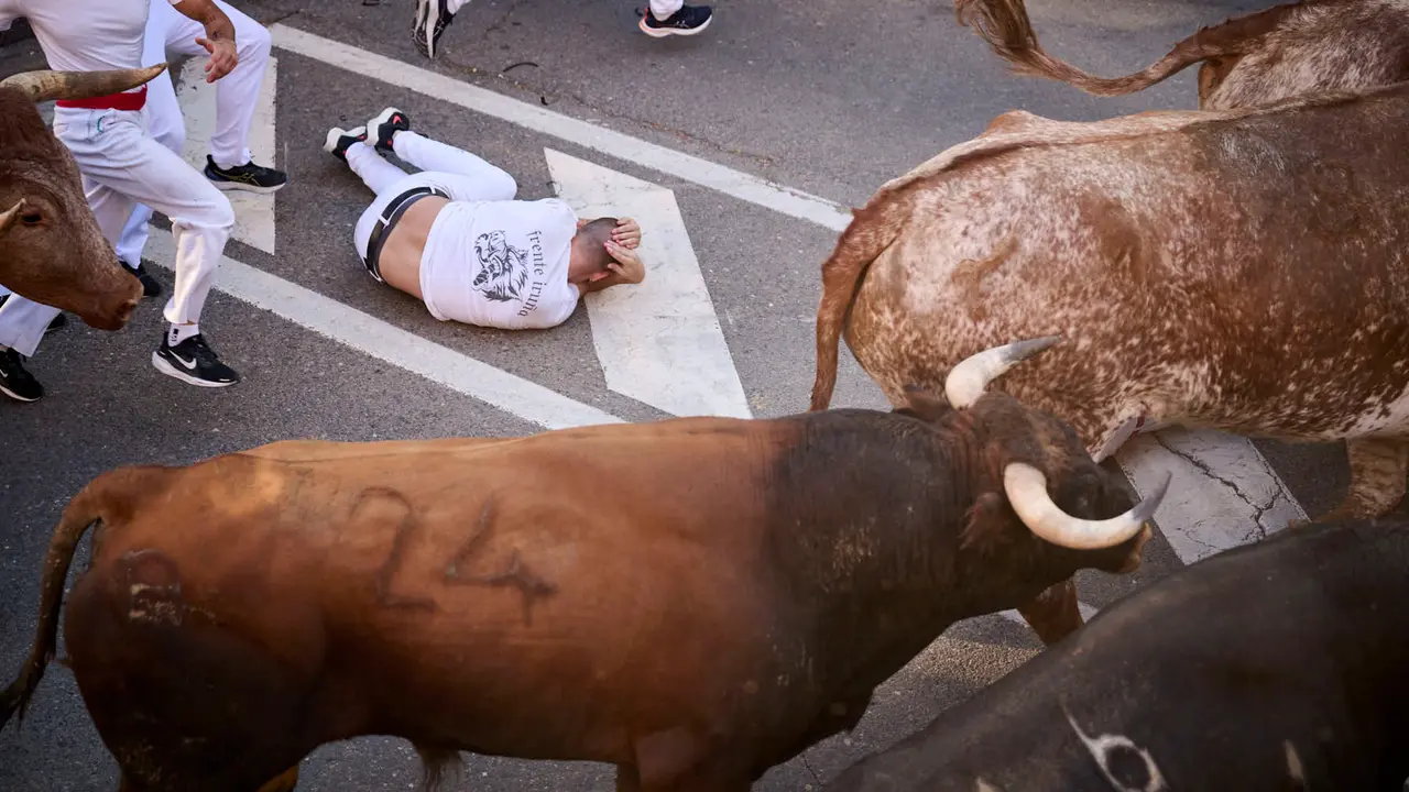 Segundo encierro de fiestas de Tudela 2025 con toros de la ganadería de Herederos de Gregorio Garzón Valdenebro (Jaén). PABLO LASAOSA