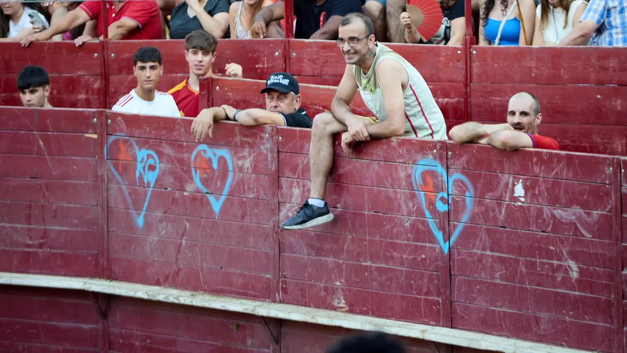 Vacas en la Plaza de Toros durante las fiestas de Arguedas 2025 tras el encierro del Estrecho con la ganaderia de Víctor Ustárroz de Arguedas. IÑIGO ALZUGARAY