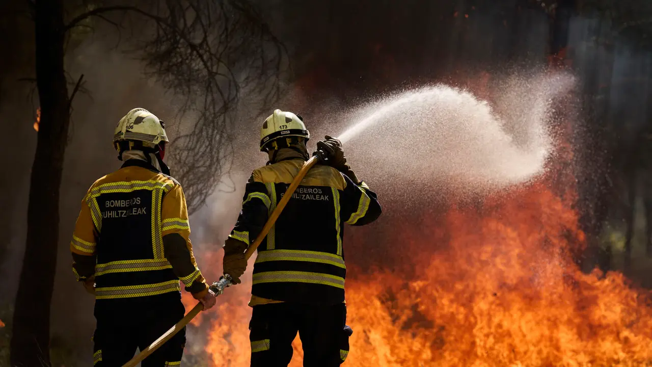 Efectivos de Bomberos, Policía Foral, Guardia Civil, aviones y helicópteros trabajan para sofocar el incendio forestal declarado en Carcastillo. PABLO LASAOSA