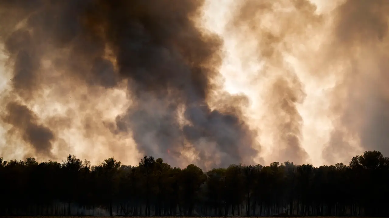 Efectivos de Bomberos, Policía Foral, Guardia Civil, aviones y helicópteros trabajan para sofocar el incendio forestal declarado en Carcastillo. PABLO LASAOSA