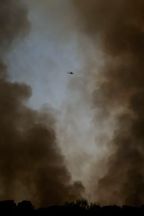 Efectivos de Bomberos, Policía Foral, Guardia Civil, aviones y helicópteros trabajan para sofocar el incendio forestal declarado en Carcastillo. PABLO LASAOSA
