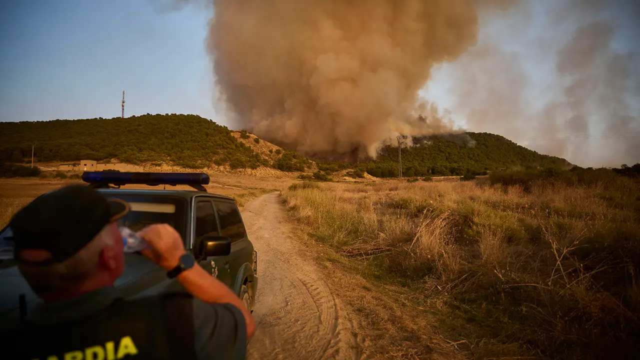 Efectivos de Bomberos, Policía Foral, Guardia Civil, aviones y helicópteros trabajan para sofocar el incendio forestal declarado en Carcastillo. PABLO LASAOSA