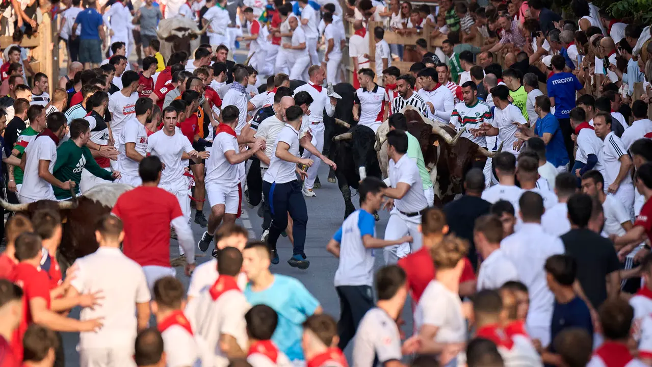 Primer encierro de fiestas de Tafalla 2025 con toros de la ganadería Conde de la Corte. PABLO LASAOSA