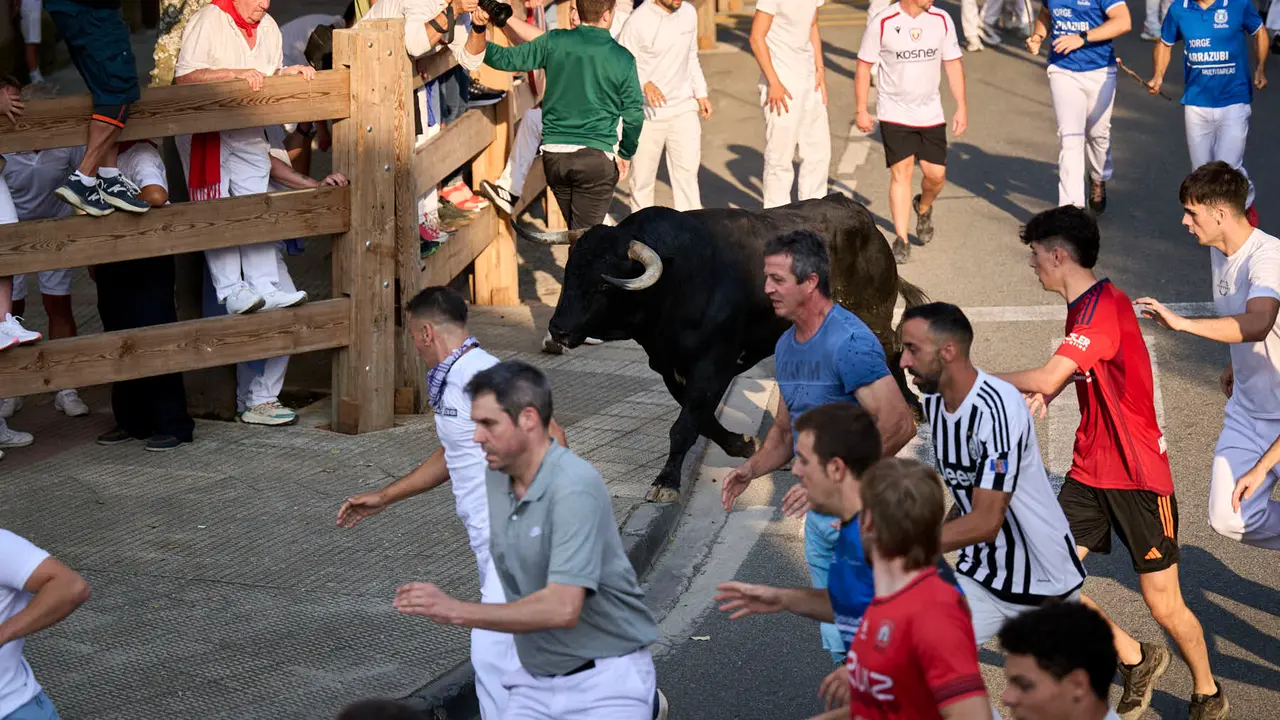 Primer encierro de fiestas de Tafalla 2025 con toros de la ganadería Conde de la Corte. PABLO LASAOSA