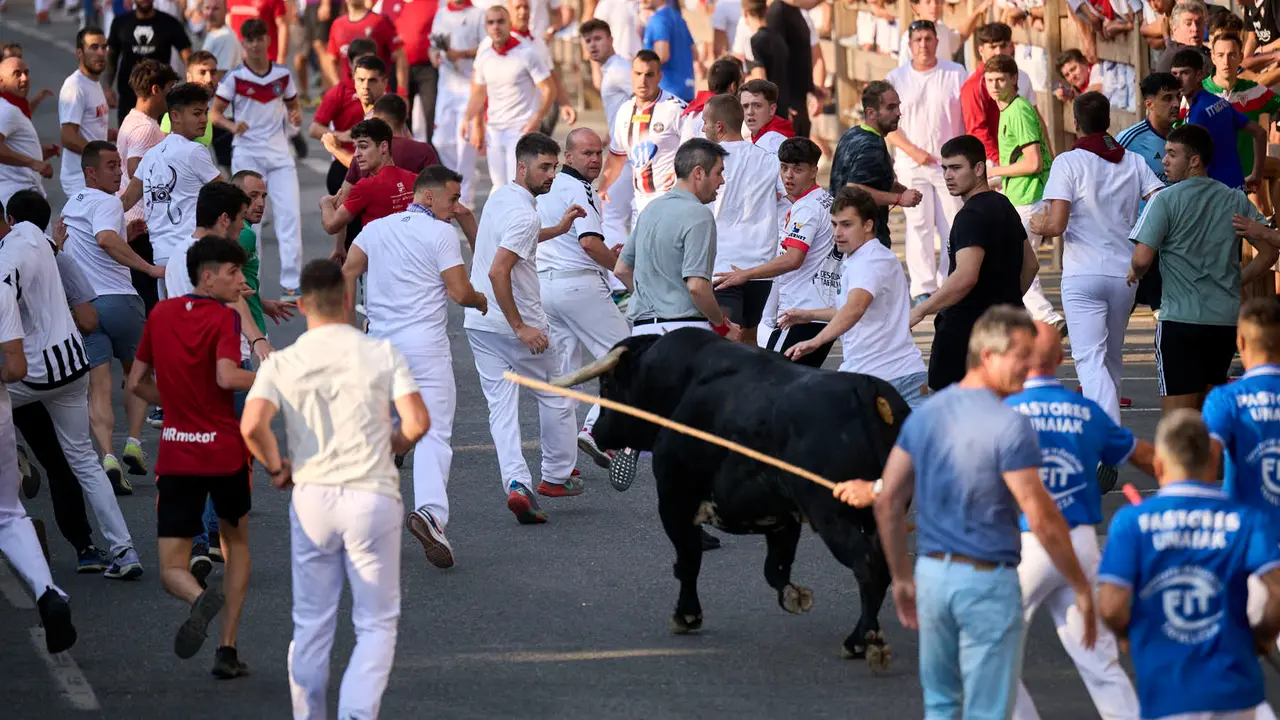 Primer encierro de fiestas de Tafalla 2025 con toros de la ganadería Conde de la Corte. PABLO LASAOSA
