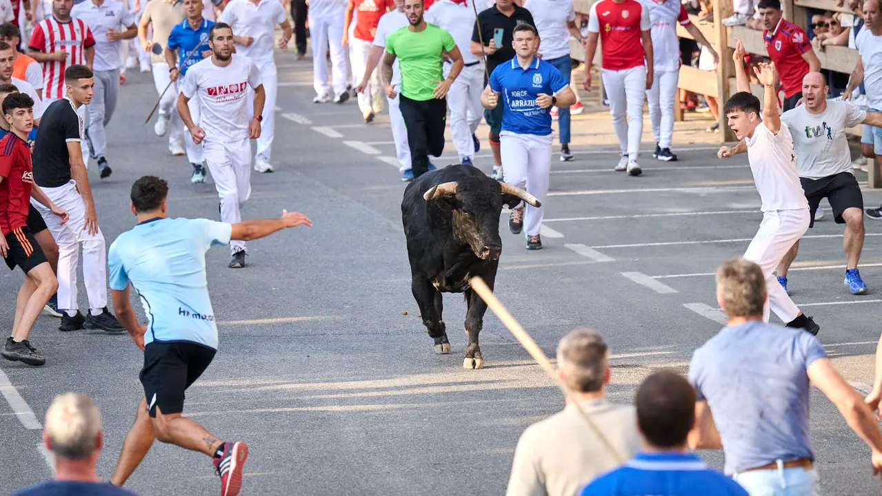 Primer encierro de fiestas de Tafalla 2025 con toros de la ganadería Conde de la Corte. PABLO LASAOSA