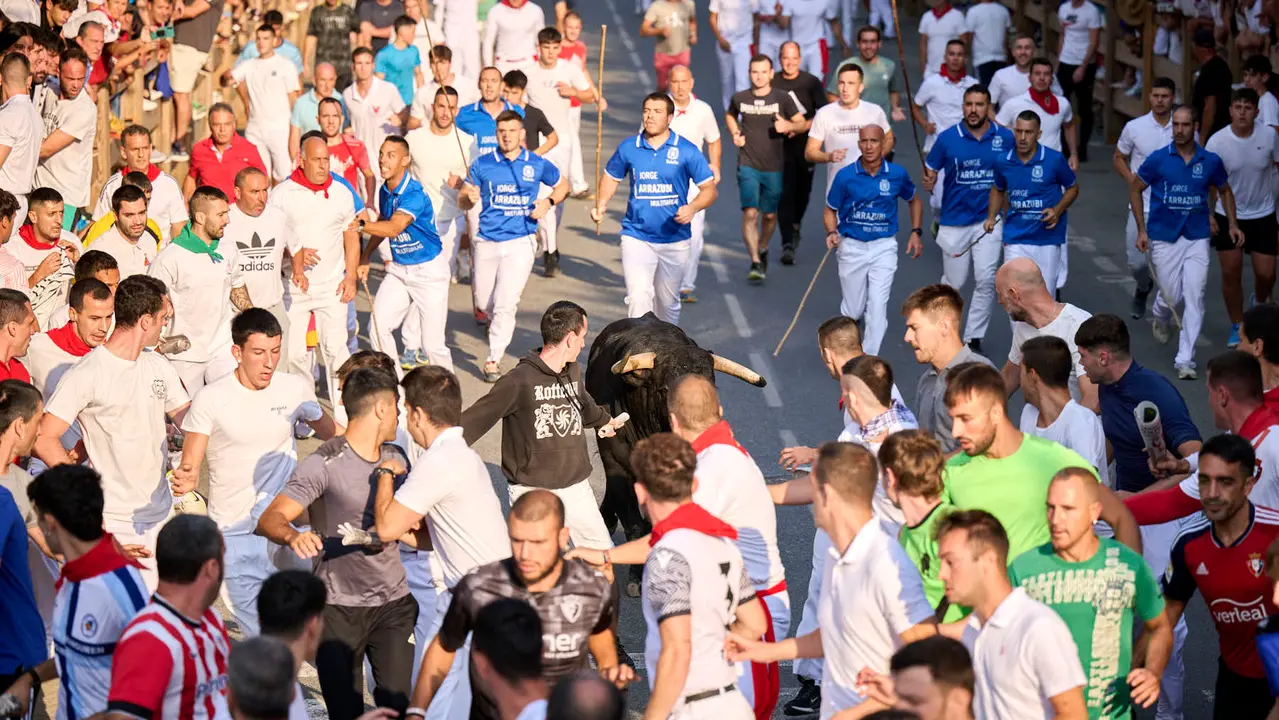 Primer encierro de fiestas de Tafalla 2025 con toros de la ganadería Conde de la Corte. PABLO LASAOSA