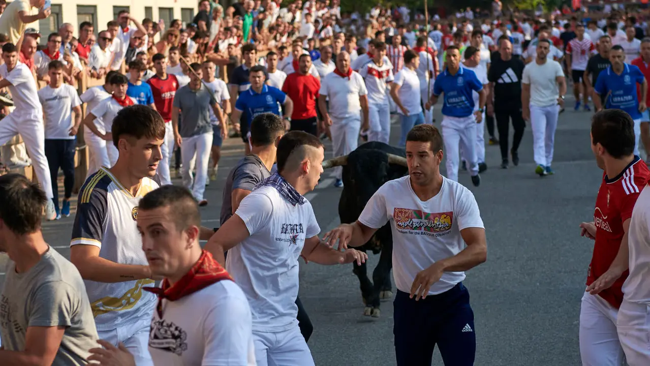Primer encierro de las fiestas de Tafalla 2025 con toros de la ganadería Conde de la Corte. IRANZUU LARRASOAÑA