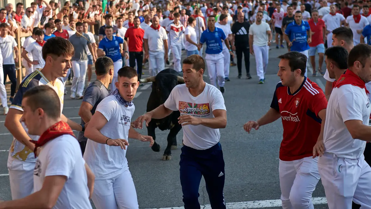 Primer encierro de las fiestas de Tafalla 2025 con toros de la ganadería Conde de la Corte. IRANZUU LARRASOAÑA